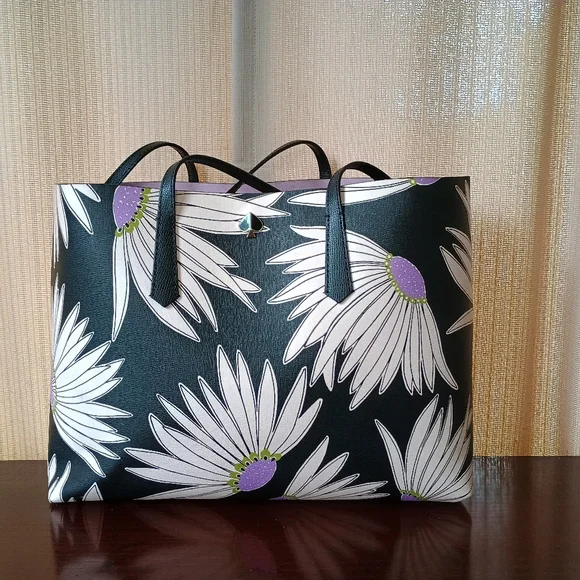 kate spade Black Floral Tote with White and Purple Daisy Print - Picture 2 of 6